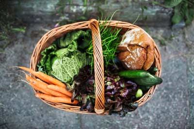 country pantry basket of produce and bread